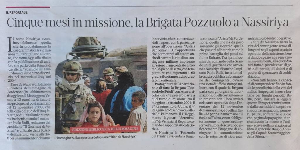 Articolo del Messaggero Veneto del 26/02/2022 - "Cinque mesi in missione, la brigata Pozzuoli a Nassiriya"