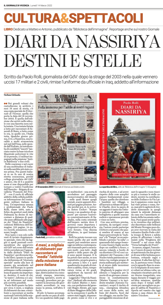 Articolo de "Il giornale di Vicenza" del 14 marzo 2022
